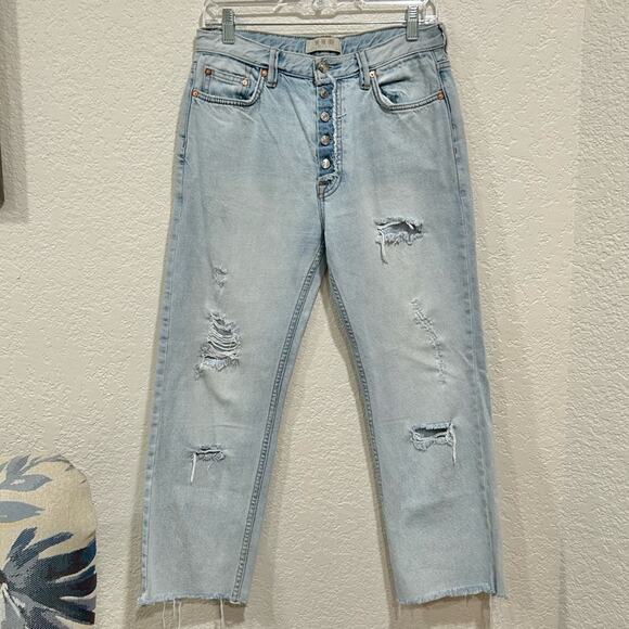 We The Free Cropped Straight Leg Distressed Button-Fly Jeans Size 26 - Picture 2 of 7